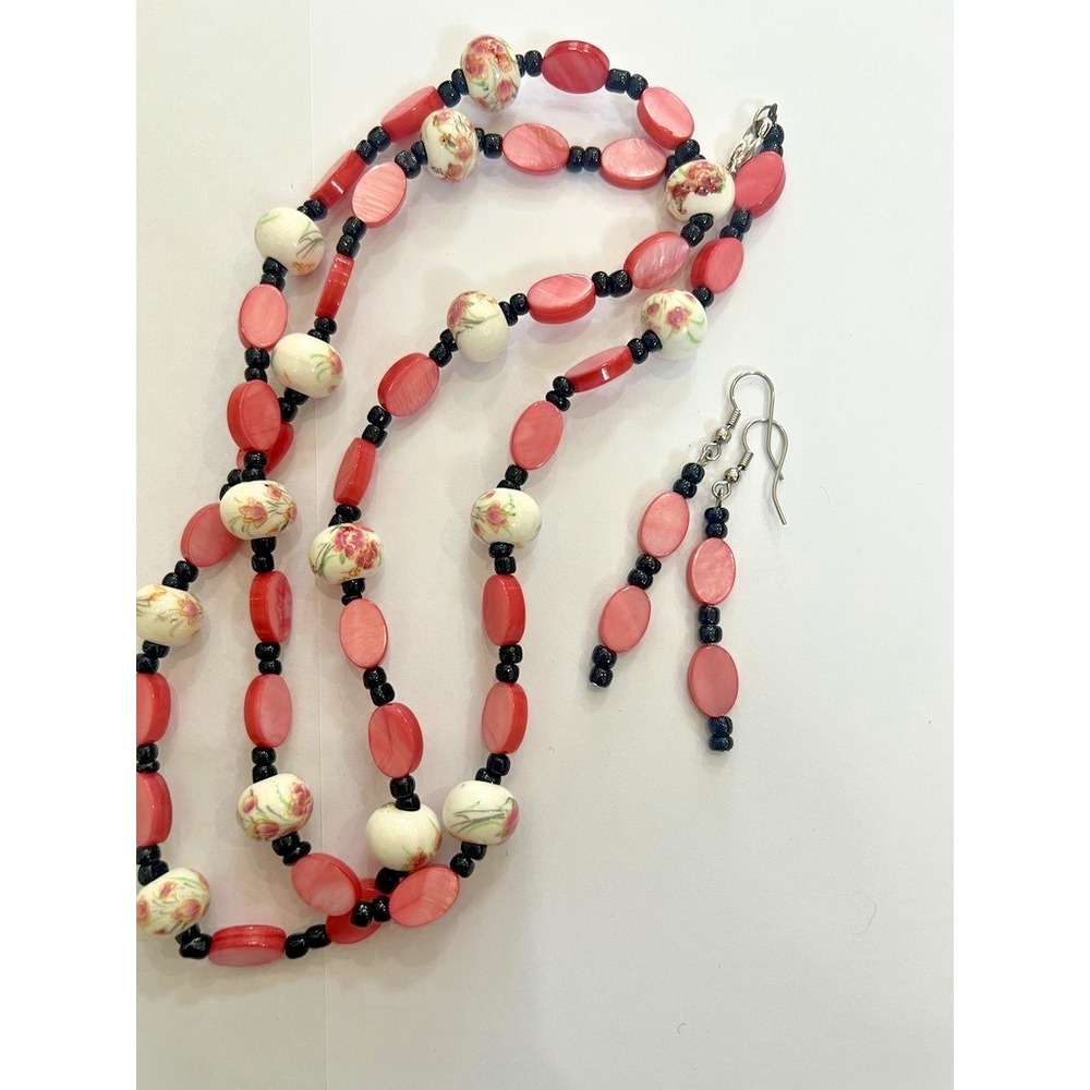 Vintage Floral Ceramic Bead Necklace & Earrings Set Pink Roses Black 28" Cottage